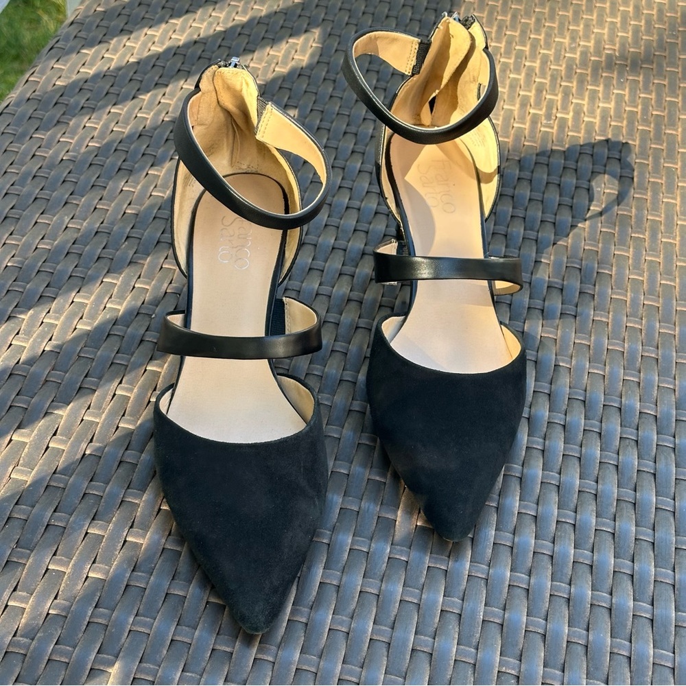 Franco Sarto Davey Black Leather Pointed Toe Double Strap Heels, Size 10 Pumps